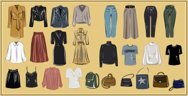  Giysiler ve çantalar. Ceketler, elbiseler, etekler, bluzlar, pantolonlar, pantolonlar, sırt çantaları, çantalar. Moda. Bir minimalistin temel gardırobu. Sonbahar giysileri. Hazır ol. İzole vektör nesnesi.
