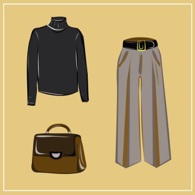  Giysiler ve çantalar. Ceketler, elbiseler, etekler, bluzlar, pantolonlar, pantolonlar, sırt çantaları, çantalar. Moda. Bir minimalistin temel gardırobu. Sonbahar giysileri. Hazır ol. İzole vektör nesnesi.