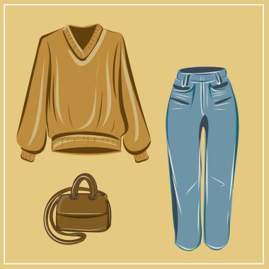  Giysiler ve çantalar. Ceketler, elbiseler, etekler, bluzlar, pantolonlar, pantolonlar, sırt çantaları, çantalar. Moda. Bir minimalistin temel gardırobu. Sonbahar giysileri. Hazır ol. İzole vektör nesnesi.