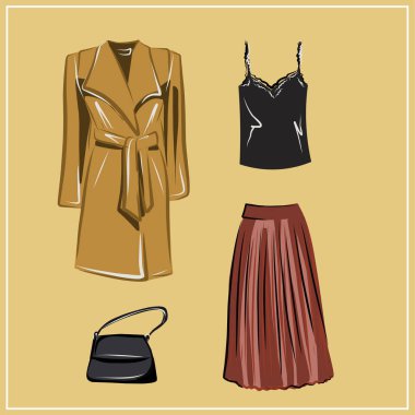  Giysiler ve çantalar. Ceketler, elbiseler, etekler, bluzlar, pantolonlar, pantolonlar, sırt çantaları, çantalar. Moda. Bir minimalistin temel gardırobu. Sonbahar giysileri. Hazır ol. İzole vektör nesnesi.