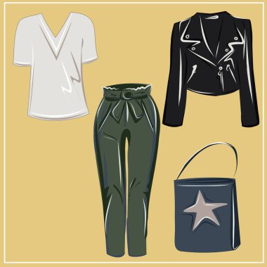  Giysiler ve çantalar. Ceketler, elbiseler, etekler, bluzlar, pantolonlar, pantolonlar, sırt çantaları, çantalar. Moda. Bir minimalistin temel gardırobu. Sonbahar giysileri. Hazır ol. İzole vektör nesnesi.