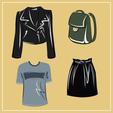  Giysiler ve çantalar. Ceketler, elbiseler, etekler, bluzlar, pantolonlar, pantolonlar, sırt çantaları, çantalar. Moda. Bir minimalistin temel gardırobu. Sonbahar giysileri. Hazır ol. İzole vektör nesnesi.
