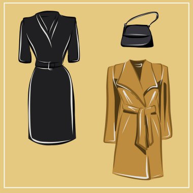  Giysiler ve çantalar. Ceketler, elbiseler, etekler, bluzlar, pantolonlar, pantolonlar, sırt çantaları, çantalar. Moda. Bir minimalistin temel gardırobu. Sonbahar giysileri. Hazır ol. İzole vektör nesnesi.