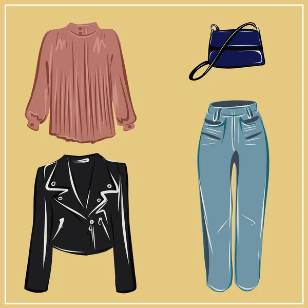 Kleidung Und Taschen Mäntel Kleider Röcke Blusen Hosen Jeans Rucksäcke — Stockvektor