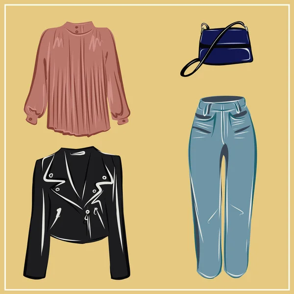  Giysiler ve çantalar. Ceketler, elbiseler, etekler, bluzlar, pantolonlar, pantolonlar, sırt çantaları, çantalar. Moda. Bir minimalistin temel gardırobu. Sonbahar giysileri. Hazır ol. İzole vektör nesnesi.