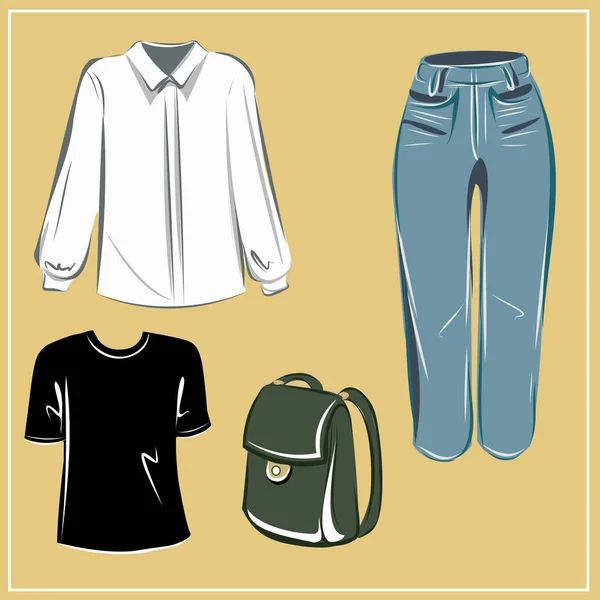  Giysiler ve çantalar. Ceketler, elbiseler, etekler, bluzlar, pantolonlar, pantolonlar, sırt çantaları, çantalar. Moda. Bir minimalistin temel gardırobu. Sonbahar giysileri. Hazır ol. İzole vektör nesnesi.