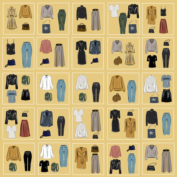 衣服和包 牛仔裤 公文包 手提包 简约主义者的基本衣橱 秋天的衣服准备好了孤立矢量物体 — 图库矢量图片