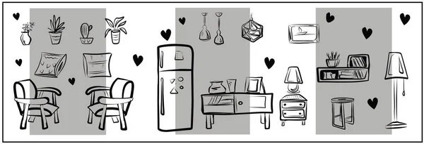 Набор Мебели Кресла Буфеты Комоды Полки Холодильник Лампы Напольная Лампа — стоковый вектор