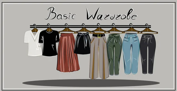 Capsule Basic Garderobe Voor Een Vrouw Minimalisme Mode Grote Kast — Stockvector