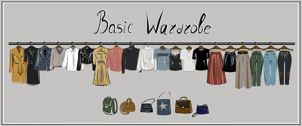  Bir kadın için kapsül temel gardırop. Minimalizm. Moda. Büyük dolap. Elbiseleri askılarda ve çantalarda olan gardırop. İzole vektör nesneleri.