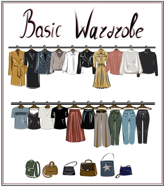 Capsule Basic Garderobe Voor Een Vrouw Minimalisme Mode Grote Kast — Stockvector