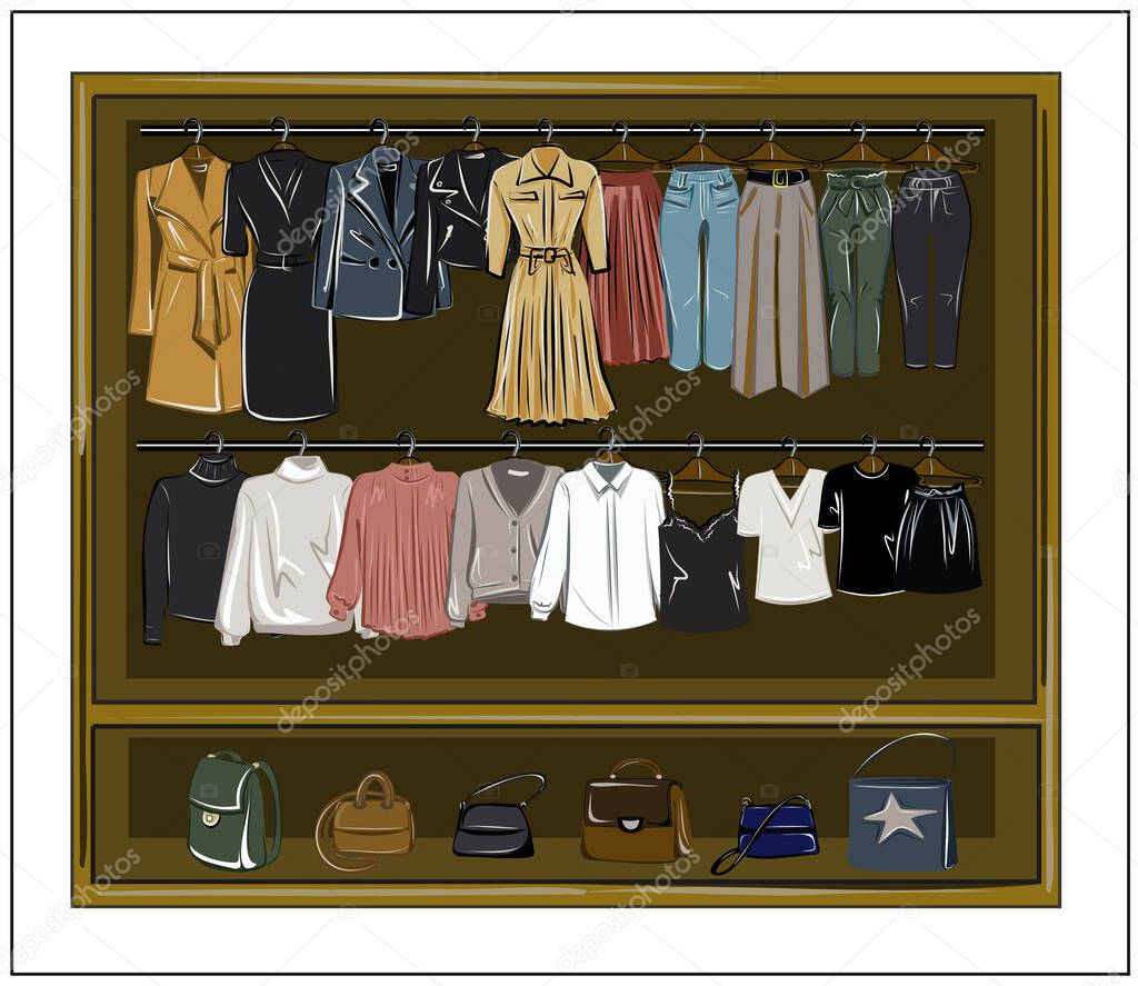  Capsule basic wardrobe for a woman. Minimalism. Fashion. Big cupboard. Wardrobe with a set of clothes on hangers and bags. Isolated vector objects.