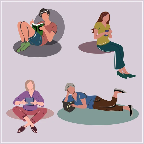  Serbest çalışma, yaratıcılık, meslekler, eğitim ve okuma hakkında bir dizi film. İnternette çalış ve çalış. Malzemeler, bilgisayar, telefon, kitaplar. Erkekler ve kızlar, öğrenciler. İzole edilmiş vektör resmi.
