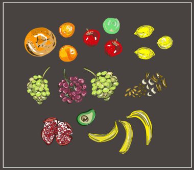  Meyve ve sebze seti. Citrus, portakal, elma, muz, üzüm, kivi, nar, limon, brokoli, kereviz, soğan, yeşil havuç, domates, salatalık, vişneli domates, sarımsak. Vejetaryen. 