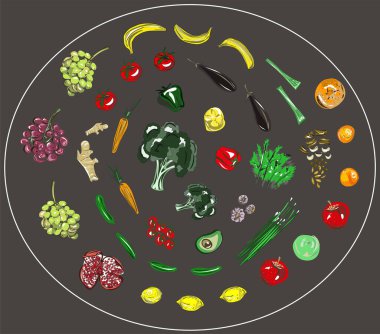 Meyve ve sebze seti. Citrus, portakal, elma, muz, üzüm, kivi, nar, limon, brokoli, kereviz, soğan, yeşil havuç, domates, salatalık, vişneli domates, sarımsak. Vejetaryen. 
