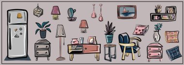  Vector set of isolated images of furniture and household items. All items can be used separately. Refrigerator, lamps, chandeliers, floor lamp, chests of drawers, cabinet, shelf. Interior, furniture.  clipart