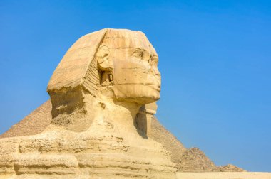 Giza 'nın Büyük Sfenksi. Aslan vücudu ve insan kafası olan devasa kireçtaşı heykeli. Giza, Mısır