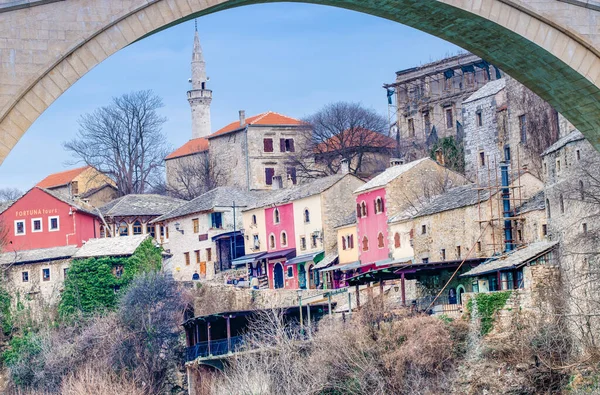 Stari Most Ponte Velha Uma Ponte Otomana Mostar Atravessando Rio — Fotografia de Stock