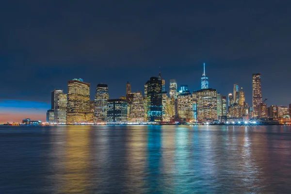Manhattans Finansdistrikt Skyline Natten Från Brooklyn Bridge Park New York — Stockfoto