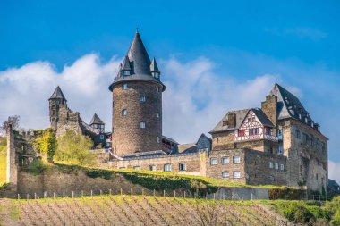 Üzüm bağları ve Stahleck Kalesi, Bacharach am Rhein, Almanya 'nın Rhineland-Palatinate eyaletinde yer alan bir şehirdir..