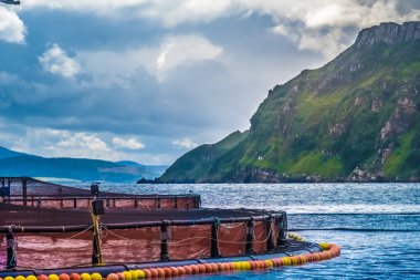 Portree yakınlarındaki göllerde somon balığı çiftliği havuzları, Raasay 'ın Sesi, Skyue Adası, İskoçya Dağları