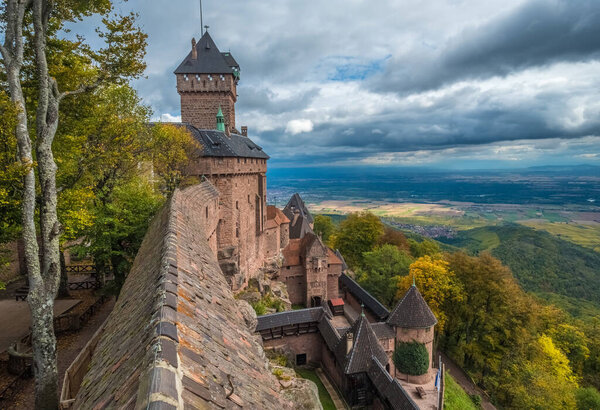The Chateau du Haut-Koenigsbourg, a medieval castle in the Vosges mountains, Orschwiller, Bas-Rhin, Alsace, France,  just west of Slestat. Perched on a rocky spuroverlooking the Upper Rhine Plain.