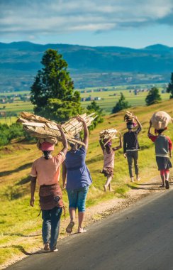 Çoğunlukla yalınayak gezen Merina köylüleri, mallarını Tananarivo, Madagaskar 'ın güneyindeki efsanevi 7.