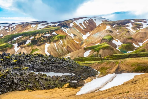 Paisagens Dramaticamente Belas Surreais Landmannalaugar Borda Campo Lava Laugahraun Reserva — Fotografia de Stock