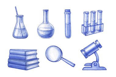 Bilim ve araştırma konularında bir takım elementler. Kimyasal laboratuvar ekipmanları. Tek renkli gerçekçi suluboya çizimi.