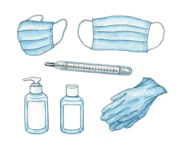 Set Strumenti Igiene Personale Prevenzione Delle Infezioni Virali Maschere Mediche — Foto Stock
