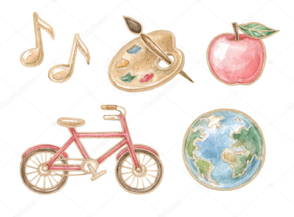 Illustrations on the theme of development, creativity, knowledge. Watercolor set of elements for scrapbooking, stickers, design.