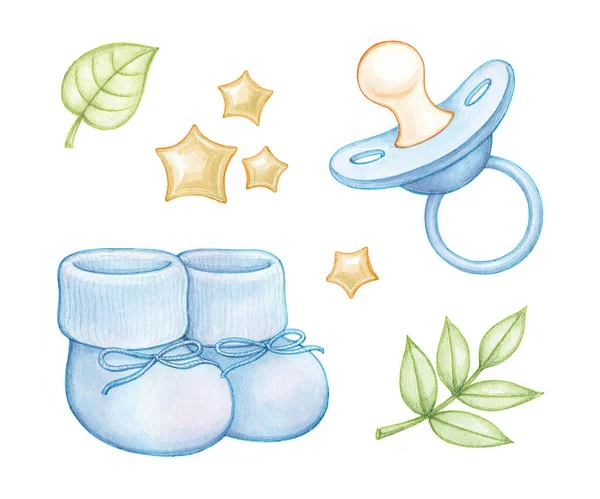 Botines Azules Pezón Para Bebé Recién Nacido Acuarela Lindo Conjunto — Foto de Stock
