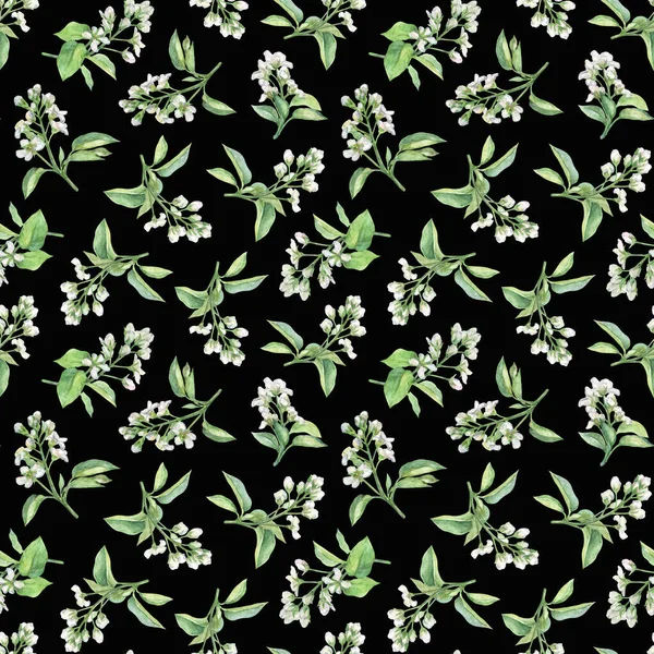 Bezešvé Květinové Vzory Kvetoucími Větvičkami Černém Pozadí Kontrastní Ozdoba Pro — Stock fotografie