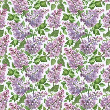 Leylak dallı suluboya desenli. Tekstil, duvar kağıdı ya da ambalaj kağıdı için çiçek baskısı.