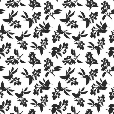 Siyah ve beyaz botanik izleri. Çiçek açan dal parçalarının siluetleriyle soyut, pürüzsüz bir desen..