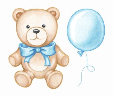 Tatil için hediyeler. Mavili oyuncak ayı ve balon. Tasarım ve yapıştırma kitabı için elementler kümesi.