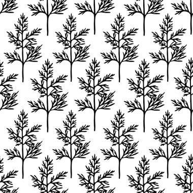 Kumaş, ambalaj kağıdı, duvar kağıdı, tasarım için botanik baskısı. Beyaz arkaplanda siyah dallar şeklinde karşıt desen.