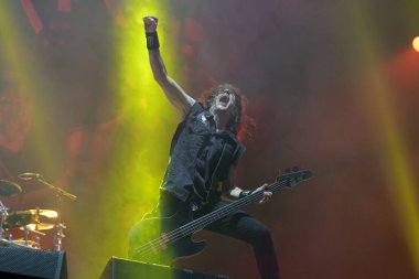 Rio de Janeiro, Brezilya, 4 Ekim 2019. Heavy metal grubu Anthrax 'ın basçısı Frank Bello, Rio de Janeiro Rock' ta bir konser sırasında.