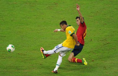 Rio de Janeiro, 1 Temmuz 2013. Brezilyalı futbolcu Neymar, 2013 Konfederasyon Kupası finalinde İspanya 'ya karşı oynamıştır..