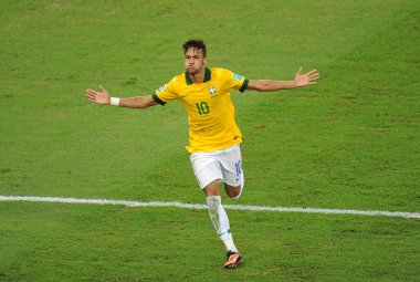 Rio de Janeiro, July 1, 2013.Brazilian soccer player Neymar, celebrating his goal in the match Brazil vs. Spain in the final of the Confederations Cup 2013, in Maracana stadium in the city of Rio de Janeiro. clipart