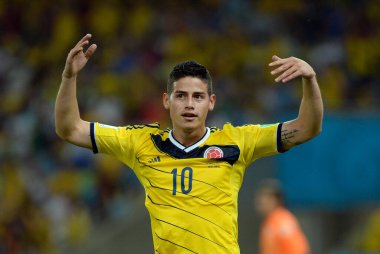 Rio de Janeiro, 28 Haziran 2014. Futbolcu James Rodrigues, Brezilya 'nın Rio de Janeiro kentindeki Maracana Stadyumu' nda oynanan 2014 Dünya Kupası maçında Kolombiya ve Uruguay maçlarında attığı golü kutluyor..