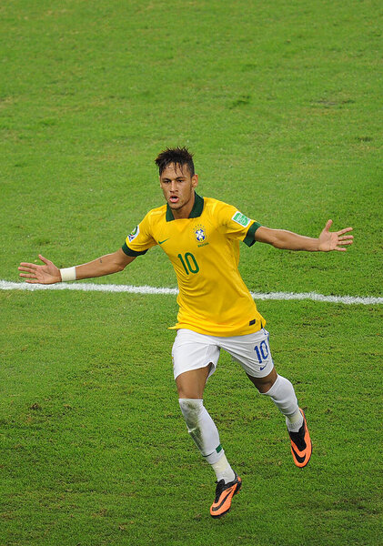 Rio de Janeiro, July 1, 2013.Brazilian soccer player Neymar, celebrating his goal in the match Brazil vs. Spain in the final of the Confederations Cup 2013, in Maracana stadium in the city of Rio de Janeiro.