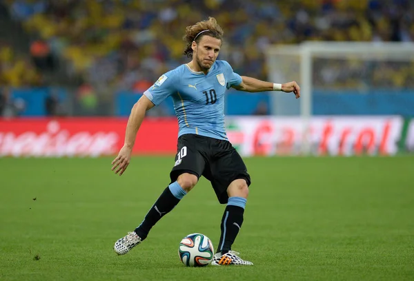 Rio de Janeiro, 28 Haziran 2014. Uruguaylı futbolcu Forlan, Brezilya 'nın Rio de Janeiro kentindeki Maracan Stadyumu' nda oynanan 2014 Dünya Kupası karşılaşmasında Kolombiya ile Uruguay karşılaşmıştır..