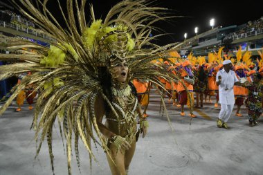 Rio de Janeiro, 9 Şubat 2018. Brezilya 'nın Rio de Janeiro kentindeki Sambodromo şehrindeki dünyanın en büyük karnavalı kabul edilen Rio de Janeiro Karnavalı sırasında Samba Okulları Geçidi.