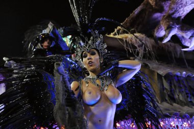 Rio de Janeiro, 3 Mart 2014. Brezilya 'nın Rio de Janeiro kentindeki Sambodromo şehrindeki dünyanın en büyük karnavalı kabul edilen Rio de Janeiro Karnavalı sırasında Samba Okulları Geçidi.