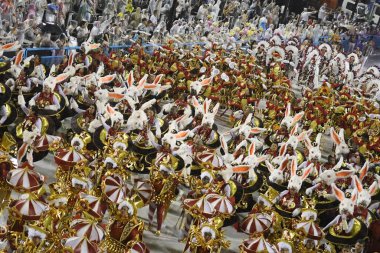 Rio de Janeiro, 29 Şubat 2020. Samba Okulu Akademisyenleri do Salgueiro 'nun geçit töreni, Rio de Janeiro' daki karnavalda, dünyanın en büyük karnavalında, Rio de Janeiro şehrinde,.