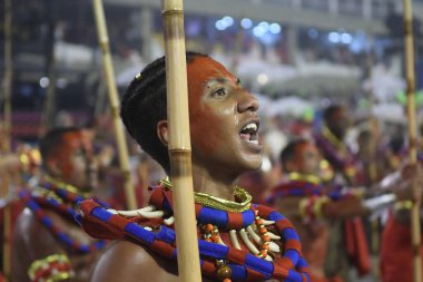Rio de Janeiro, Brezilya, 22 Mart 2020. Samba Okul Unidos de Padre Miguel, Rio de Janeiro 'daki Sambodromo Karnavalı sırasında.