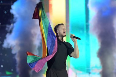 Rio de Janeiro, Brezilya, 6 Ekim 2019. Indie rock grubu Imagine Dragons 'un solisti Dan Reynolds Rio de Janeiro' da Rock 'ta verdiği konserde.