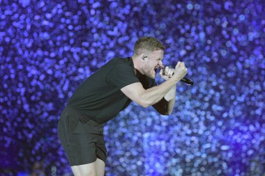 Rio de Janeiro, Brezilya, 6 Ekim 2019. Indie rock grubu Imagine Dragons 'un solisti Dan Reynolds Rio de Janeiro' da Rock 'ta verdiği konserde.