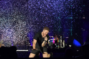 Rio de Janeiro, Brezilya, 6 Ekim 2019. Indie rock grubu Imagine Dragons 'un solisti Dan Reynolds Rio de Janeiro' da Rock 'ta verdiği konserde.
